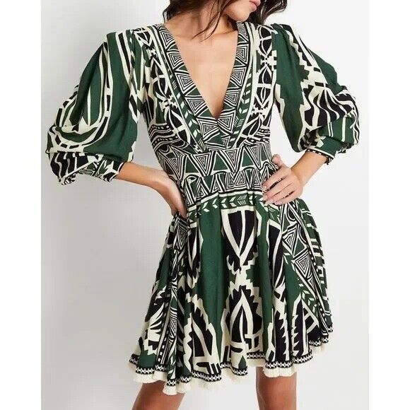 PatBO Dress Size 0 V-Neck Fit Flare Fringe Trim Emerald Green Ivory Print - Picture 2 of 16